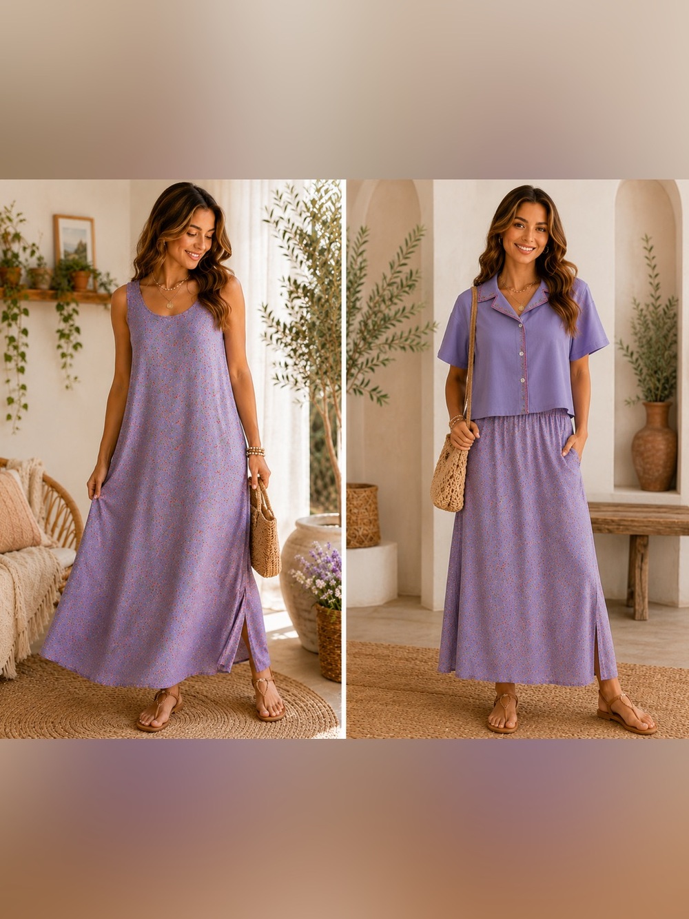 Vntg‎ Pretty Pink Purple Floral Maxi Dress Shirt Set S Cottagecore Prairie Fairy